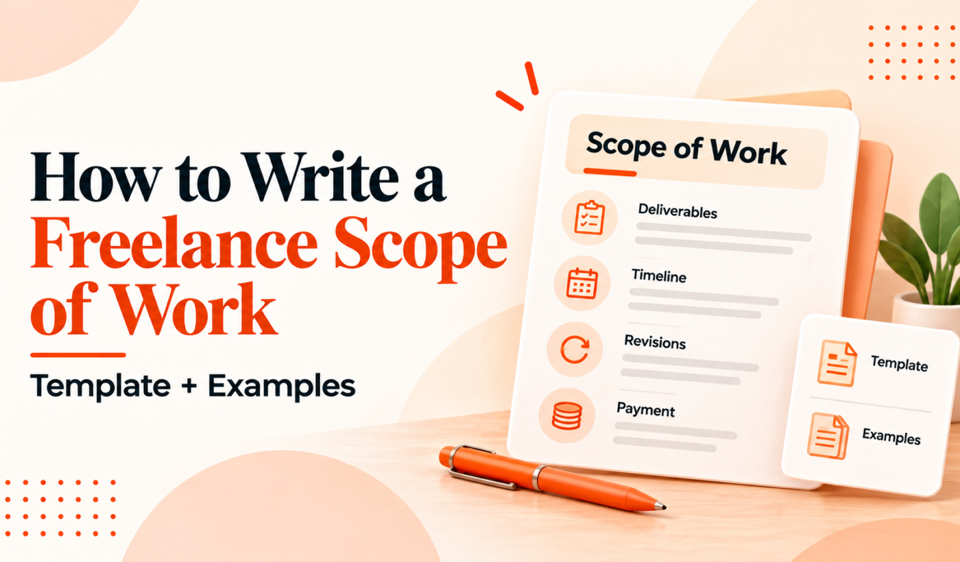 Freelance scope of work featured image showing deliverables, timeline, revisions, payment, template, and examples