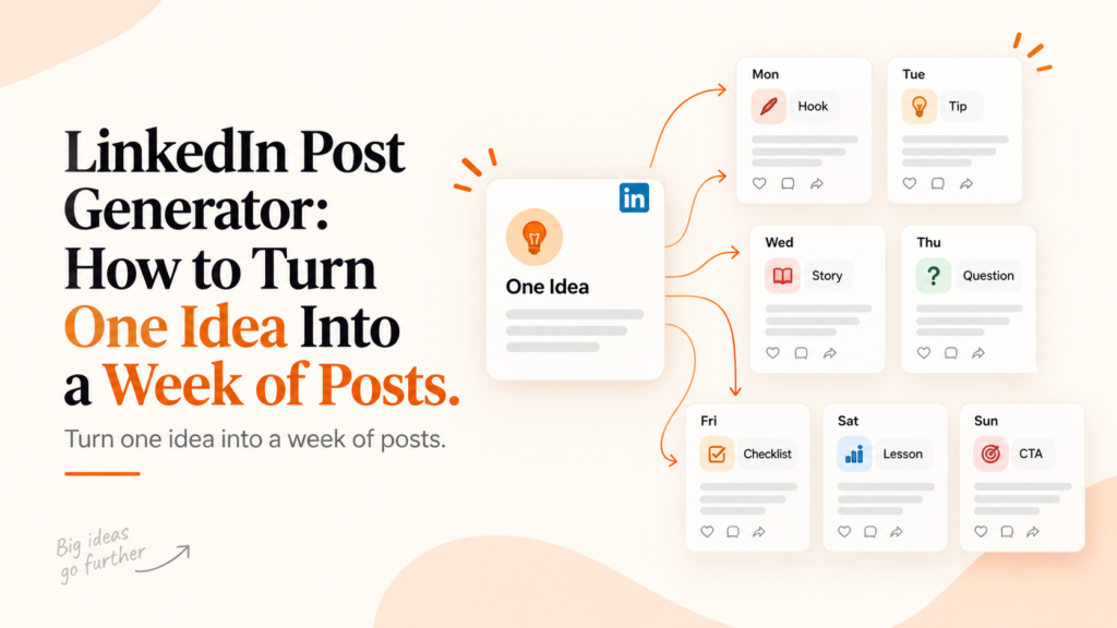 LinkedIn post generator showing one idea turned into seven posts for a full week of content