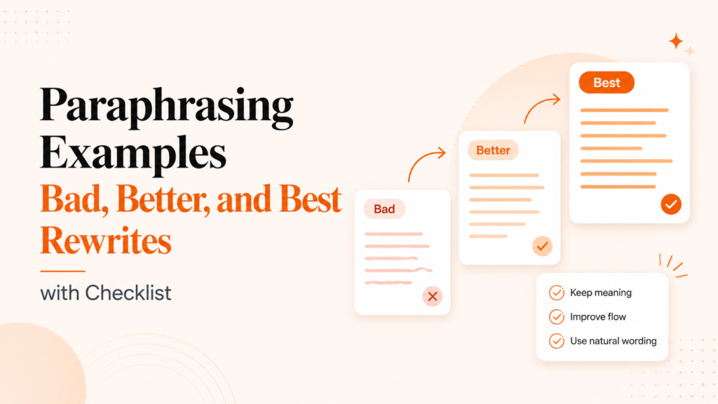 Paraphrasing examples showing bad, better, and best rewrites with a checklist for meaning, flow, and natural wording