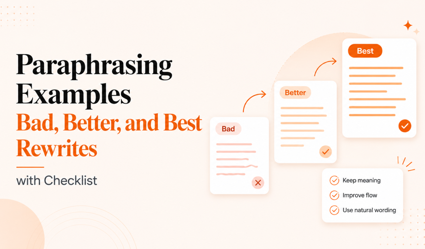Paraphrasing examples showing bad, better, and best rewrites with a checklist for meaning, flow, and natural wording