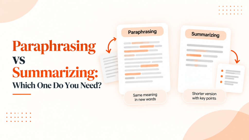 Paraphrasing vs summarizing comparison showing paraphrasing as the same meaning in new words and summarizing as a shorter version with key points