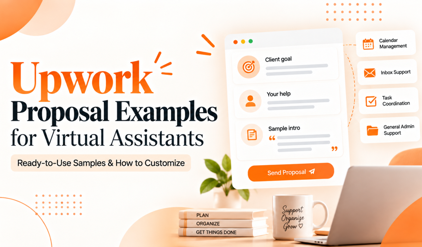 Upwork proposal examples for virtual assistants with ready-to-use samples, client goals, admin support tasks, and proposal customization ideas