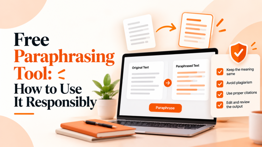 Free paraphrasing tool featured image showing original text, paraphrased text, and responsible-use checks for meaning, plagiarism, citations, and review