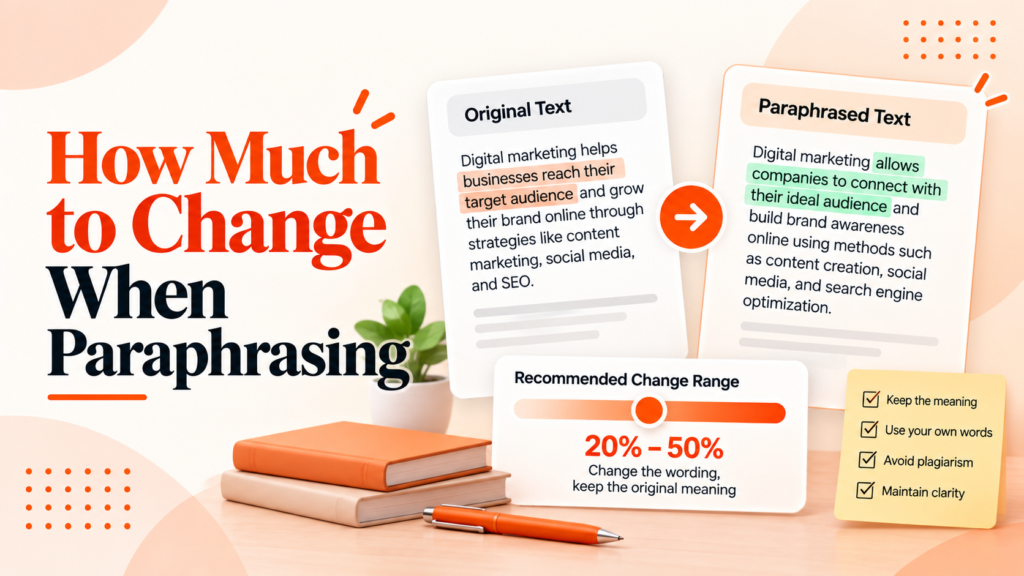 How much to change when paraphrasing, showing original and paraphrased text with a recommended change range and writing checklist