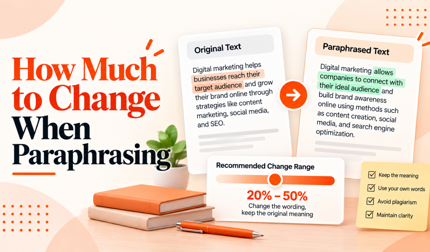 How much to change when paraphrasing, showing original and paraphrased text with a recommended change range and writing checklist