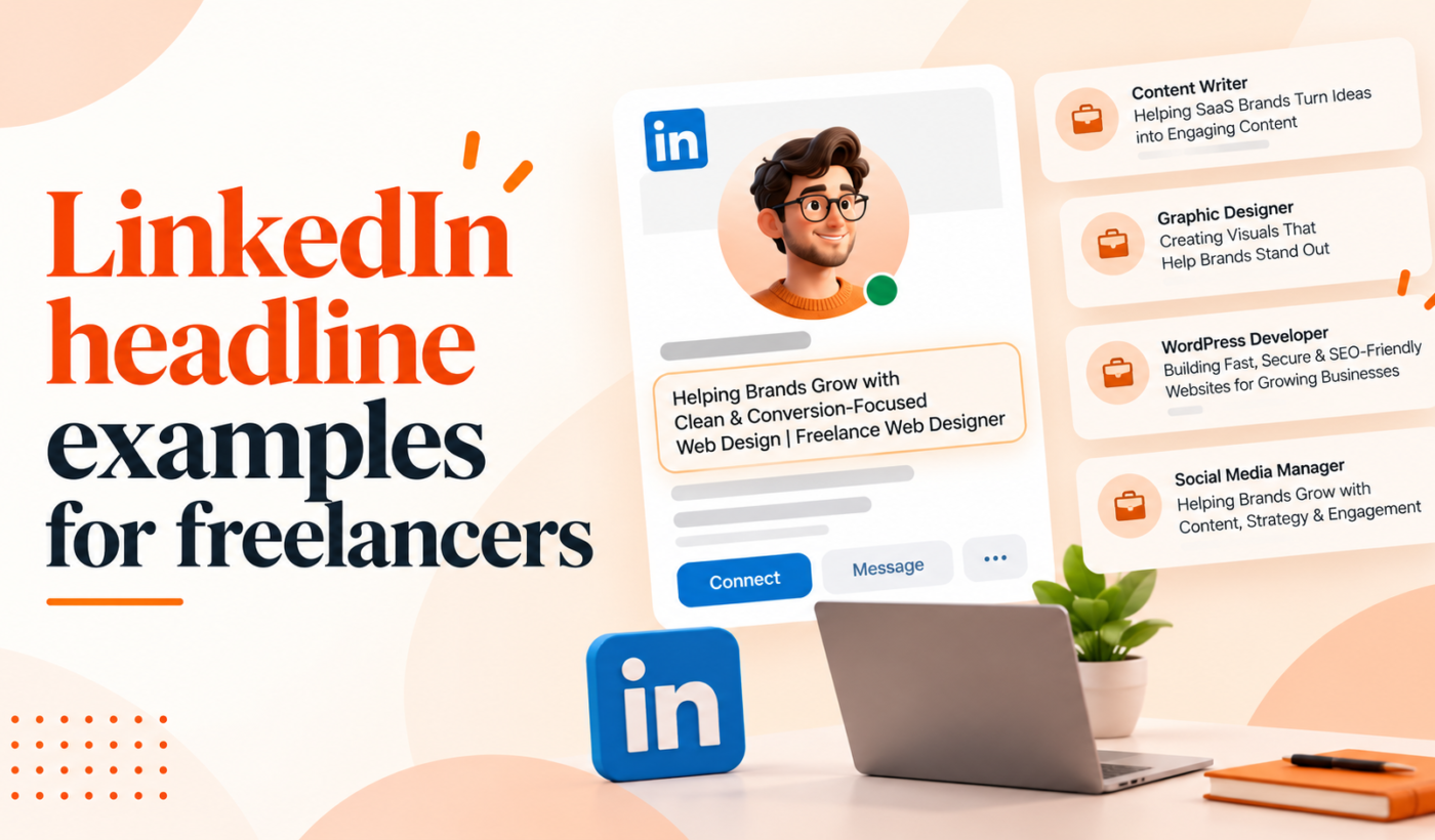LinkedIn headline examples for freelancers with sample headlines for content writers, graphic designers, WordPress developers, and social media managers